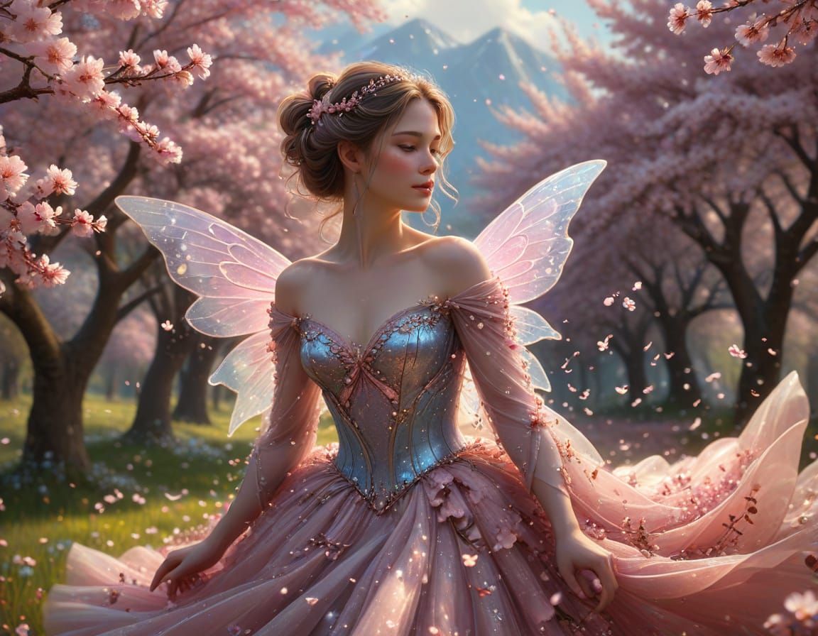 Ethereal Cherry Blossom Fairy Amidst Blooming Trees