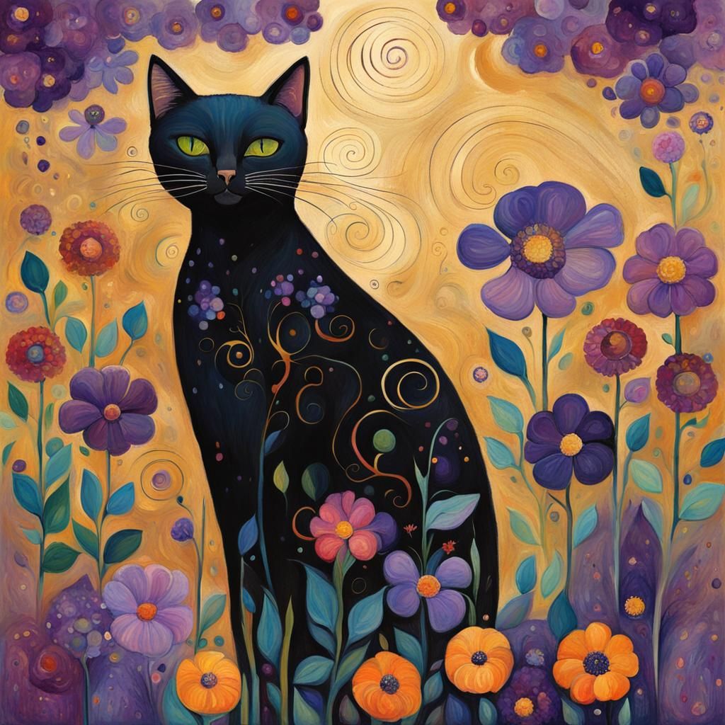 Whimsical Black Cat in Klimt-Inspired Garden