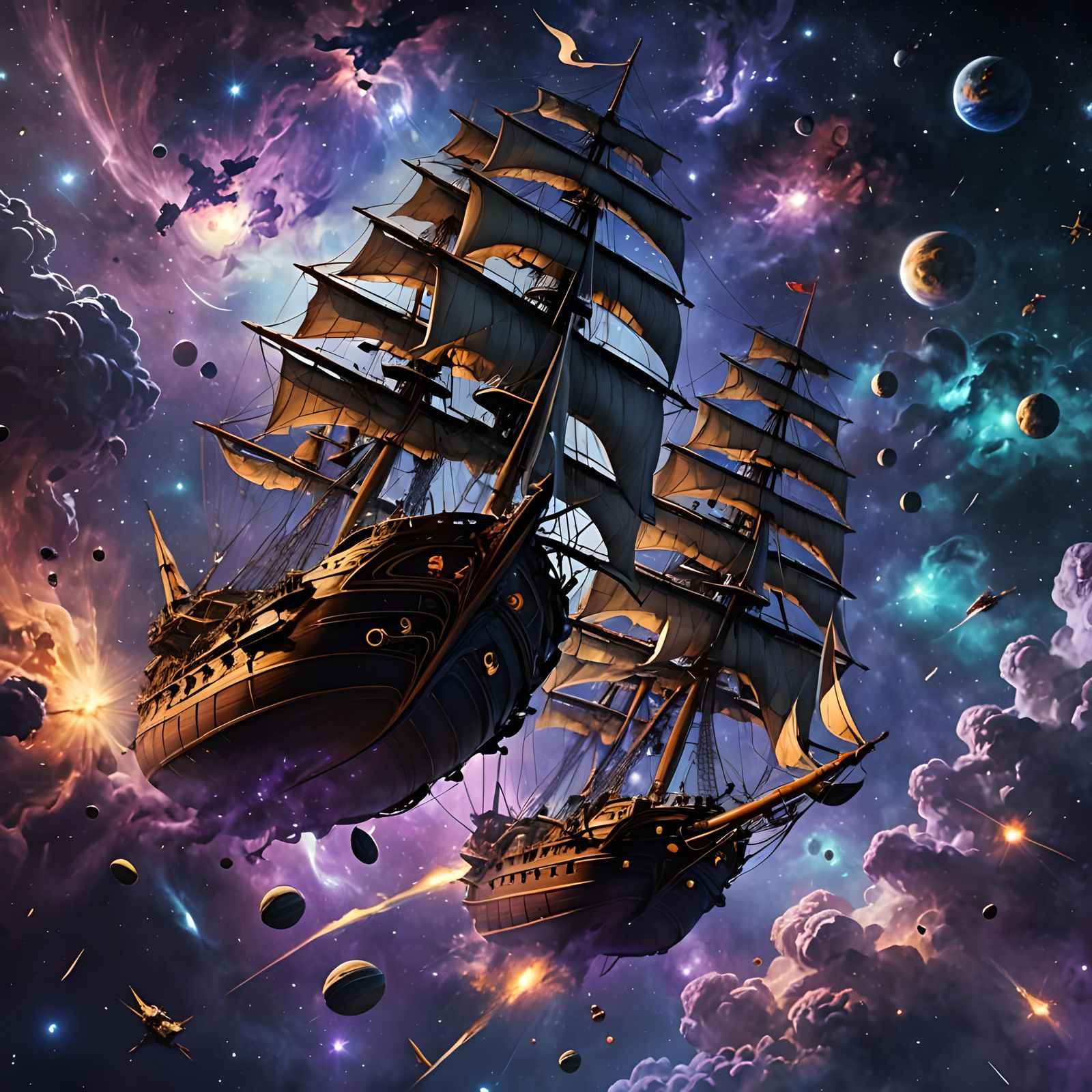 Wooden Sailing Ships Fleet in Astral Nebula