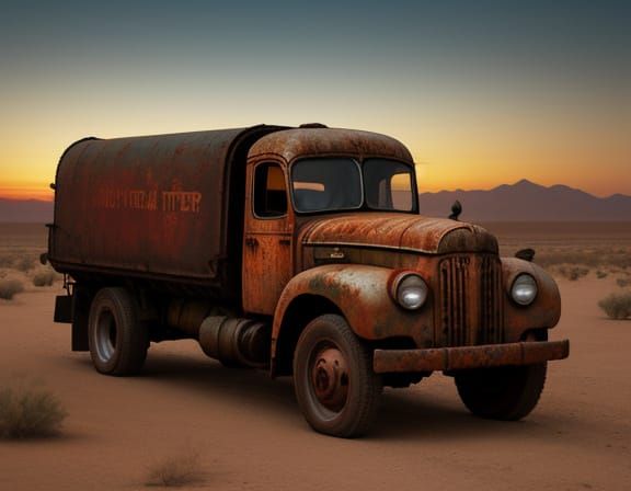 Rusty Vintage Lorry Tanker in Desert Sunset