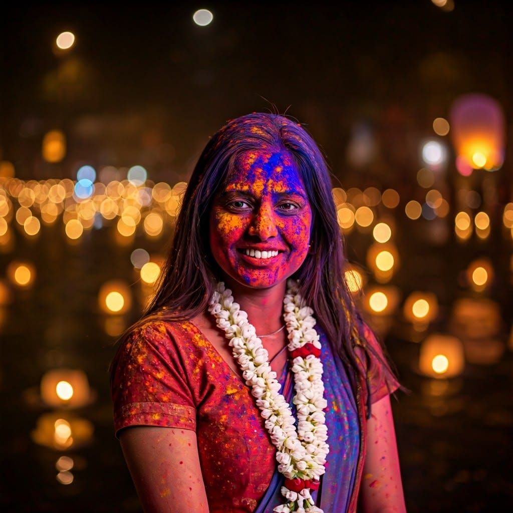 Vibrant Holi Celebration in Delhi with Colorful Tourists and...