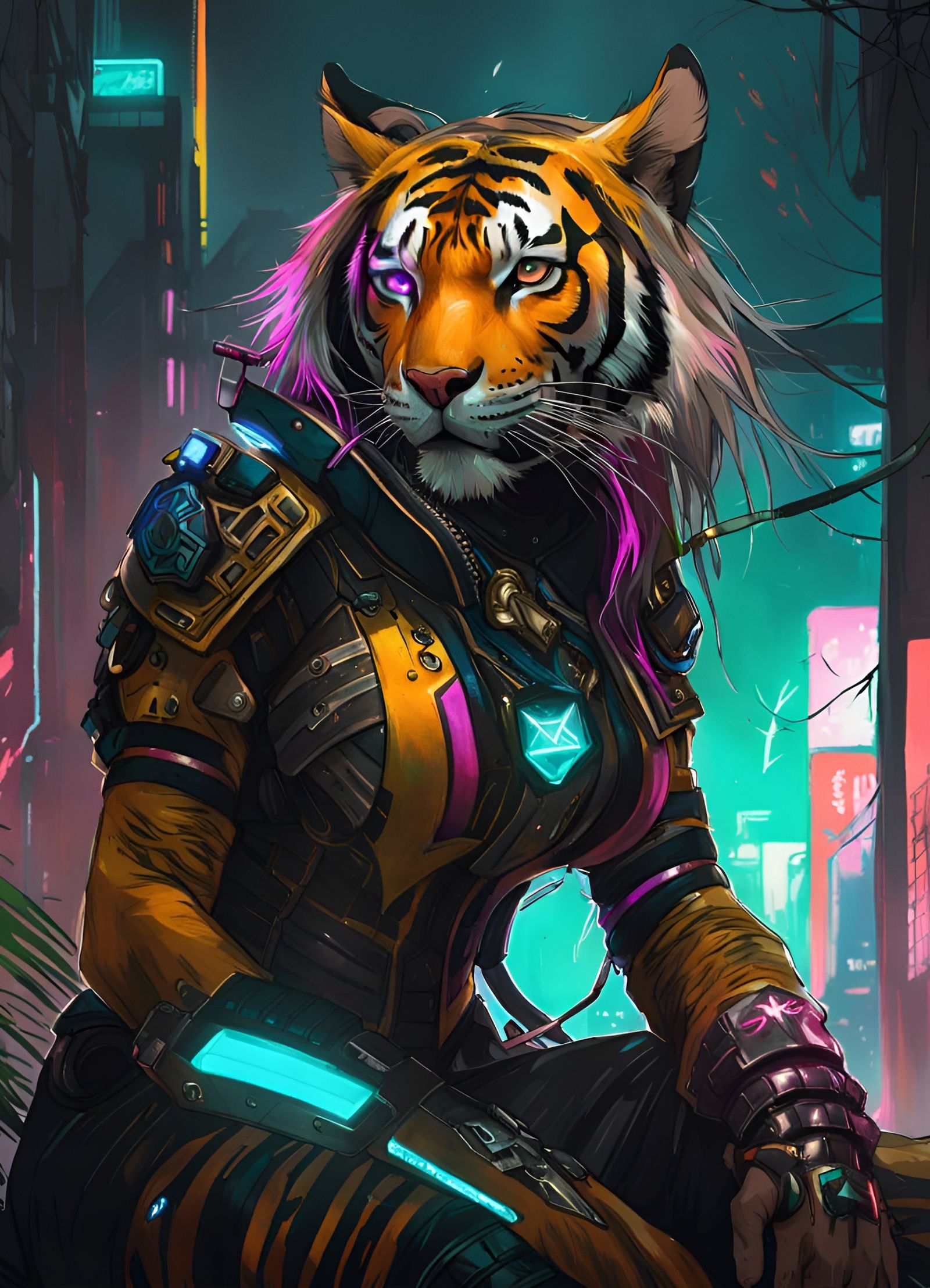 Cyberpunk Tiger Goddess in Tech Armor