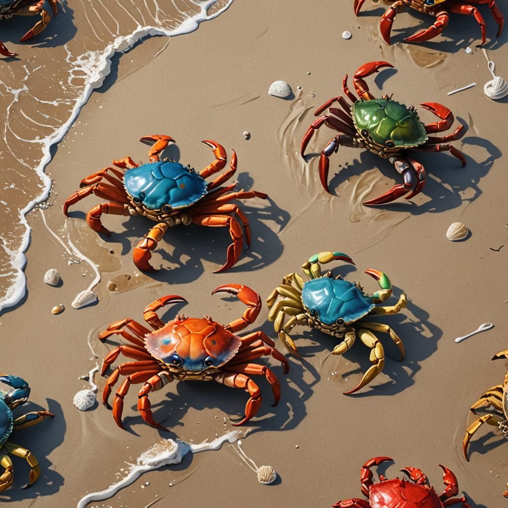 Hyperrealistic Crabs Walking on a Beach