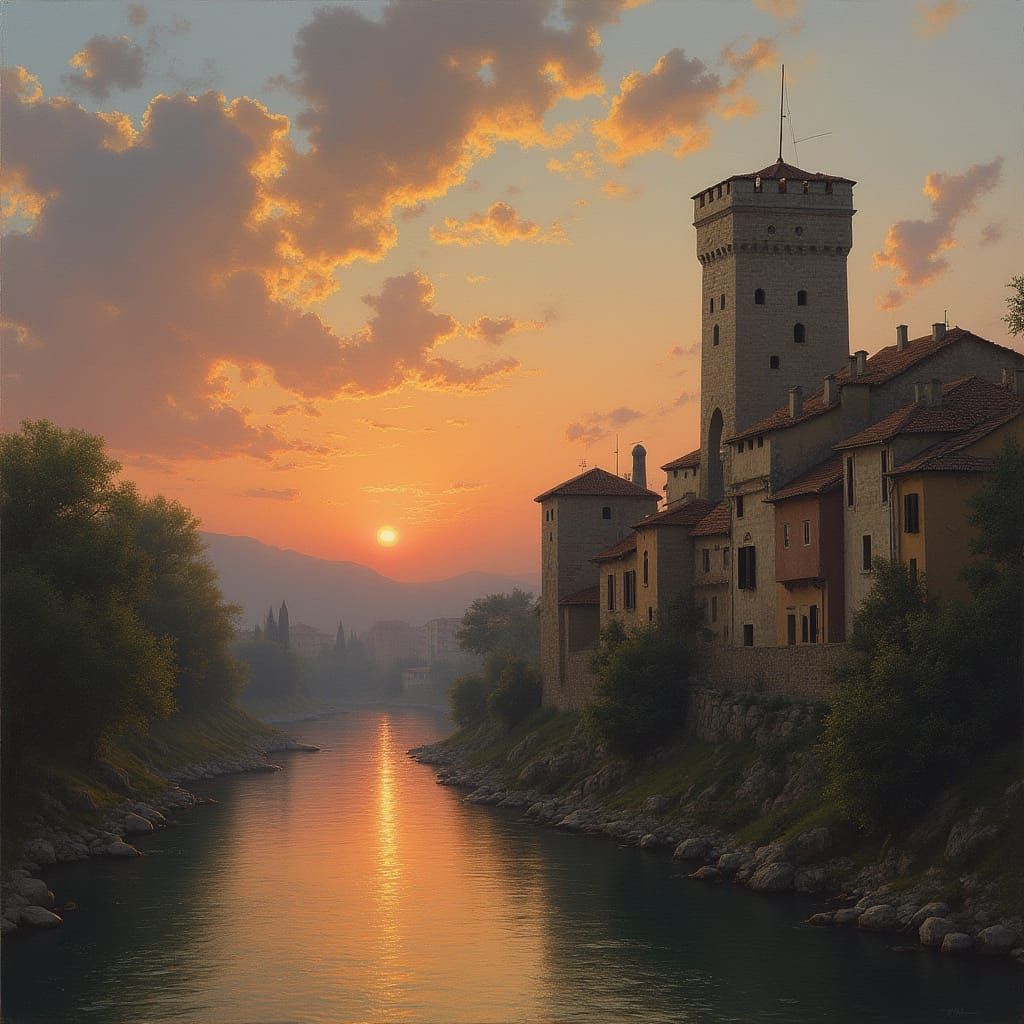 Longobard Village on Tiber River at Sunset