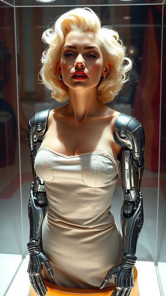Cyborg Marilyn Monroe in Display Case, Hyperrealistic Style