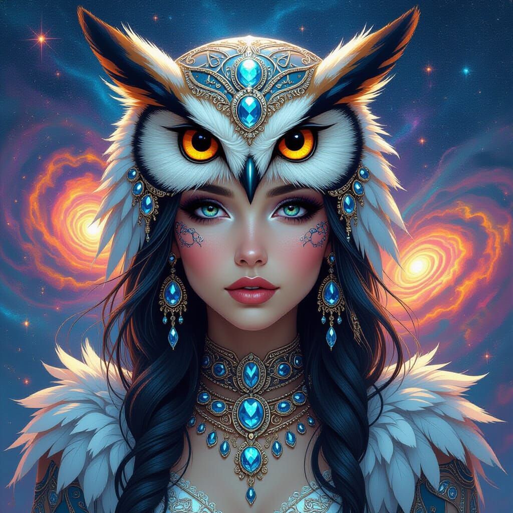Ethereal Owl-like Woman in Cosmic Galaxy