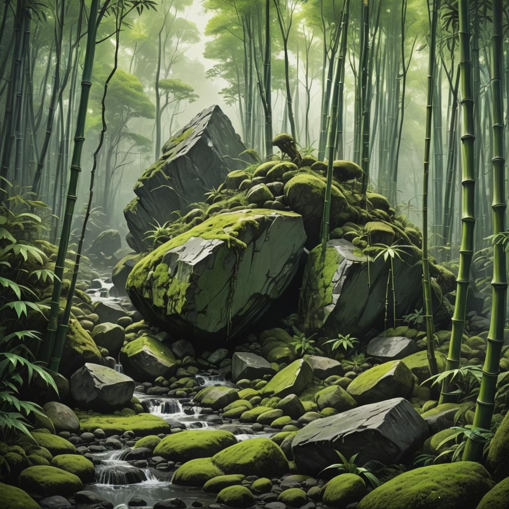 Monochrome Green Bamboo Forest Hyperrealistic Concept Art
