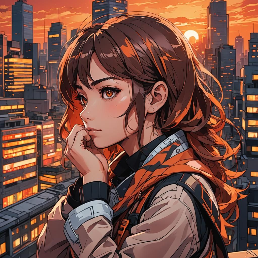 Spy Girl Contemplating Sunset: Manga Style Anime Art