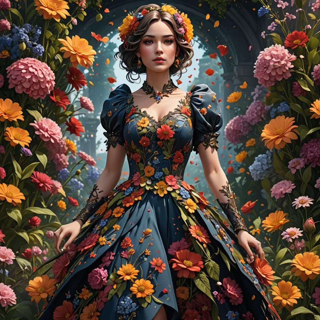 Girl in Flower Dress: Detailed Fantasy Art