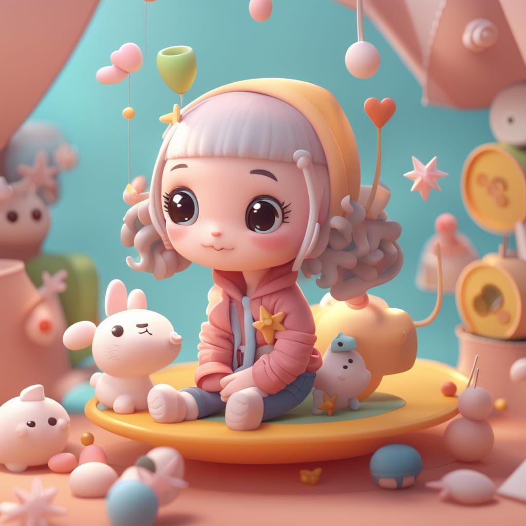 Cute Surreal Cartoon Girl in Kawaii Style