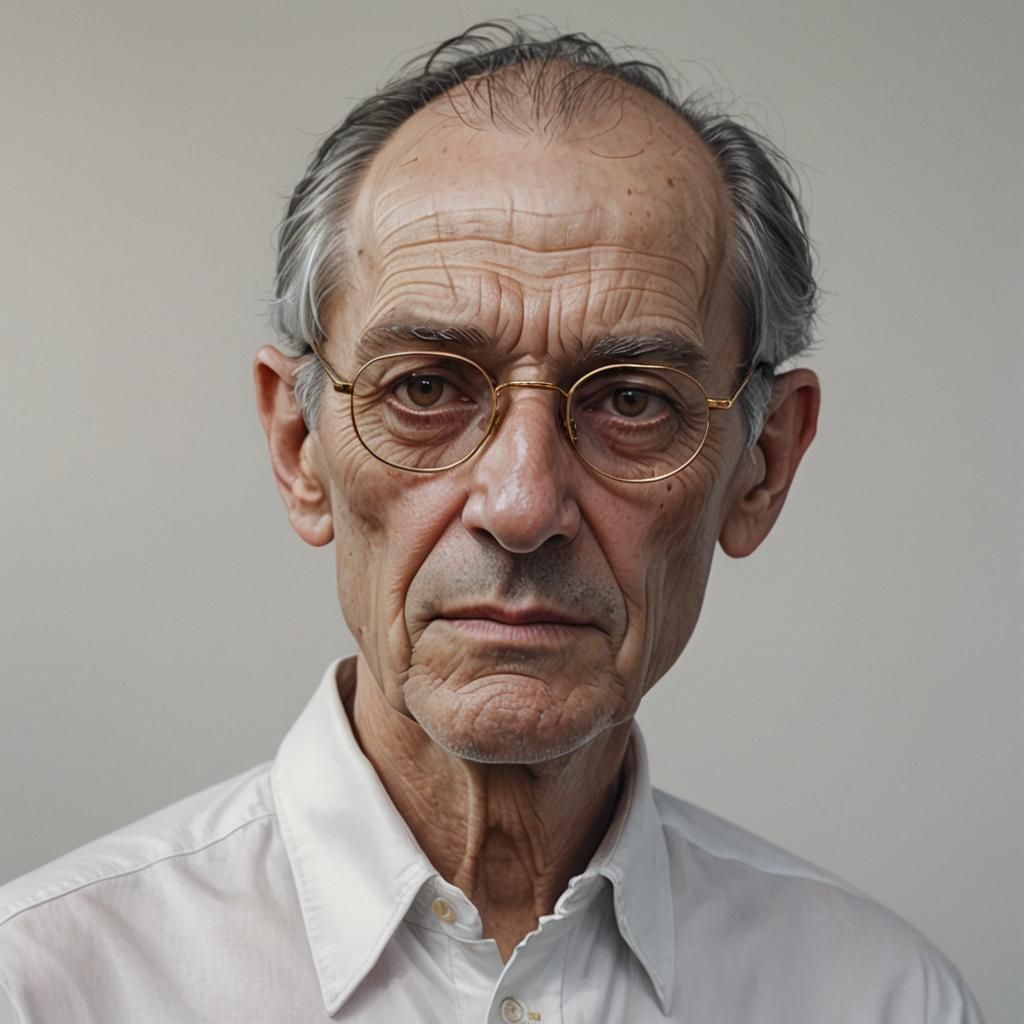 A close up hyperrealistic picture of a thin faced man about 70 years old with a small jaw, thin lips, brown eyes, black ...