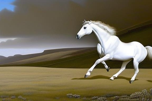 White Mustang Galloping: Photorealistic Western Landscape