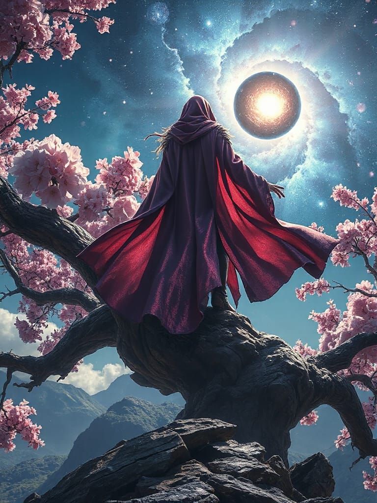 Sorceress on Sakura Tree Gazing at Nebula