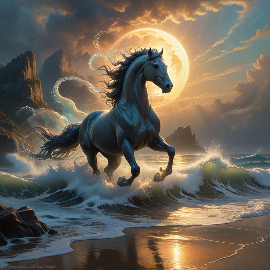 God of the Sea Stands Amidst Majestic Waves and Swirling Mis...