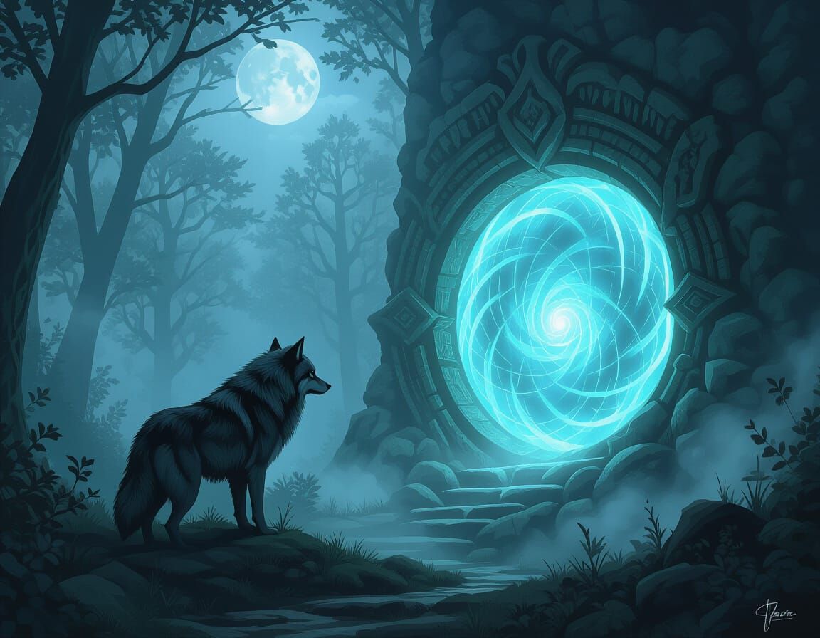 Lone Wolf Guards Mystical Portal in Enchanted Forest
