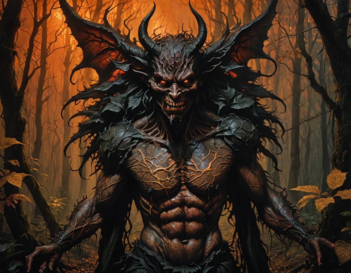 Psychedelic Demon in Dark Forest: Oil Painting