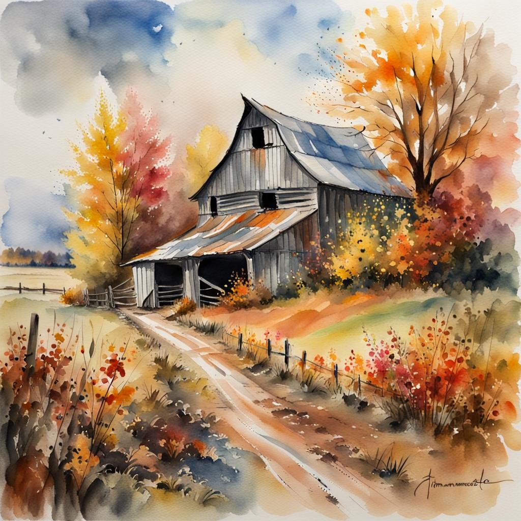 Autumn Barn: Watercolor Fantasy Landscape