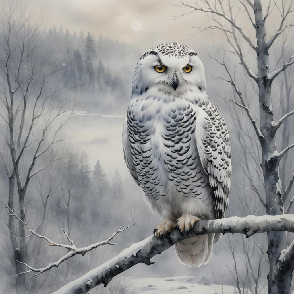 Snowy Owl in Misty Landscape: Watercolor Impression