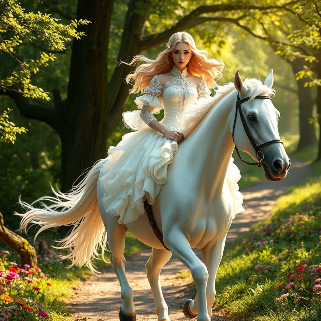 Elegant Victorian Lady Rides a Majestic White Horse Through...