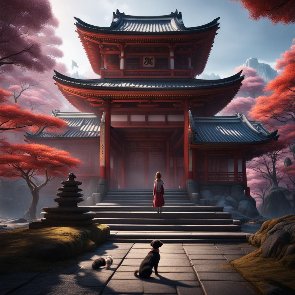 Japanese Temple with Girl, Dog, and Ice Cream