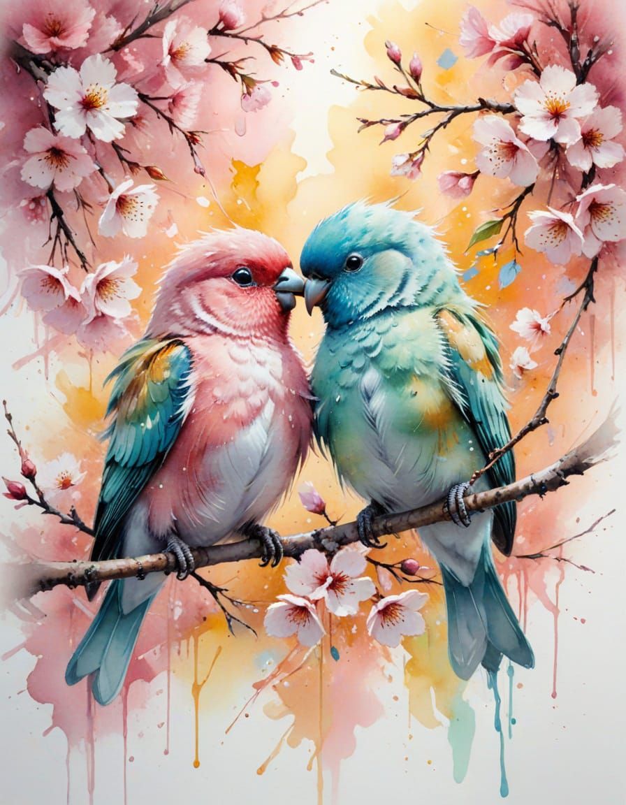 Watercolor Lovebirds on Cherry Branch in Golden Light