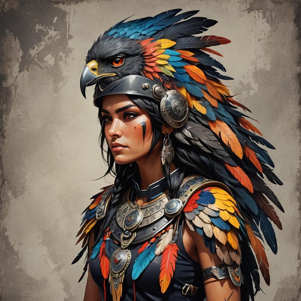 Bird-Woman with Hawk Helmet and Colorful Feathers