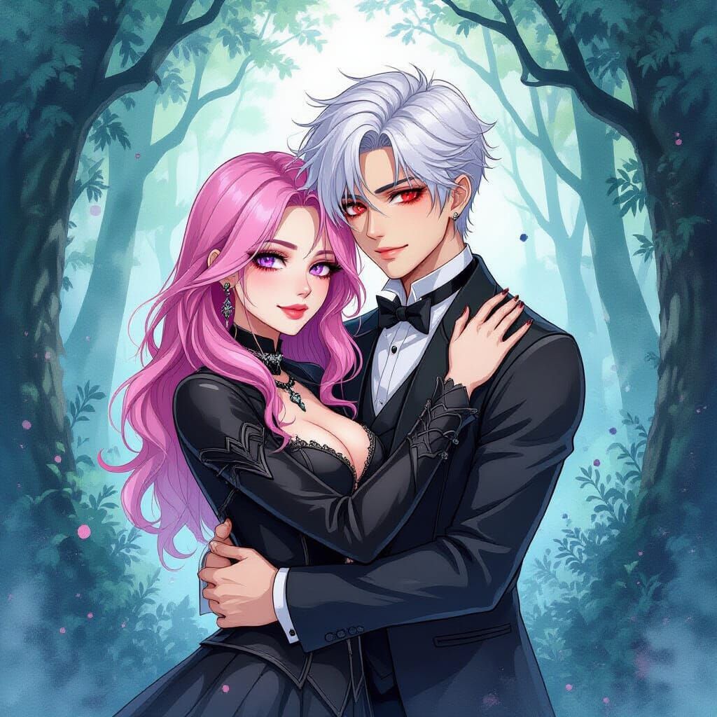 Gothic Couple Hugging in Enchanted Forest Watercolor