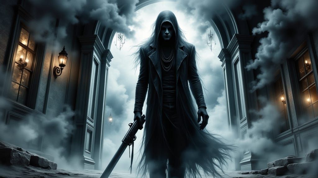The Crow in Gothic Cityscape with Sword and Shotgun