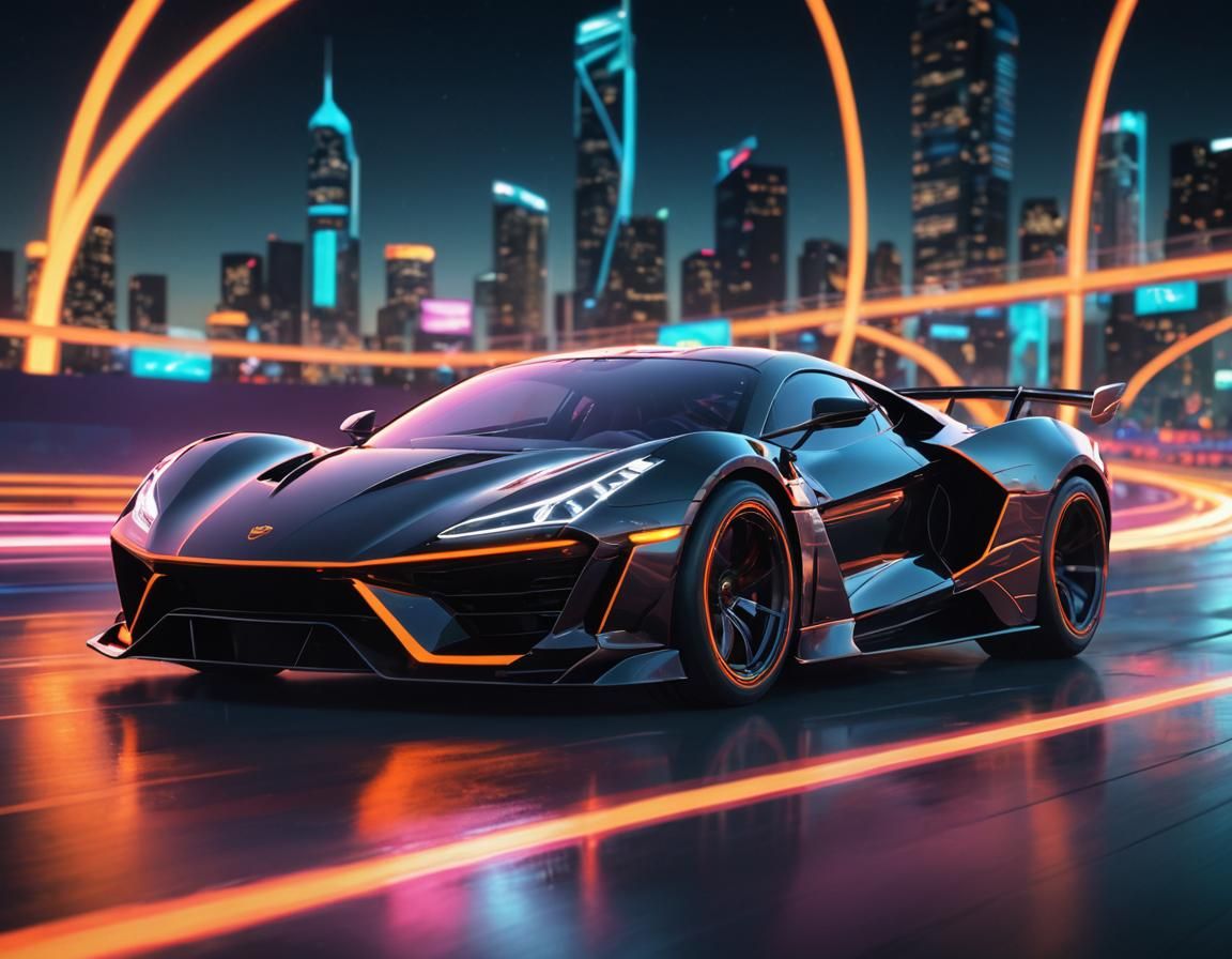 Neon Supercar Races on Futuristic Track