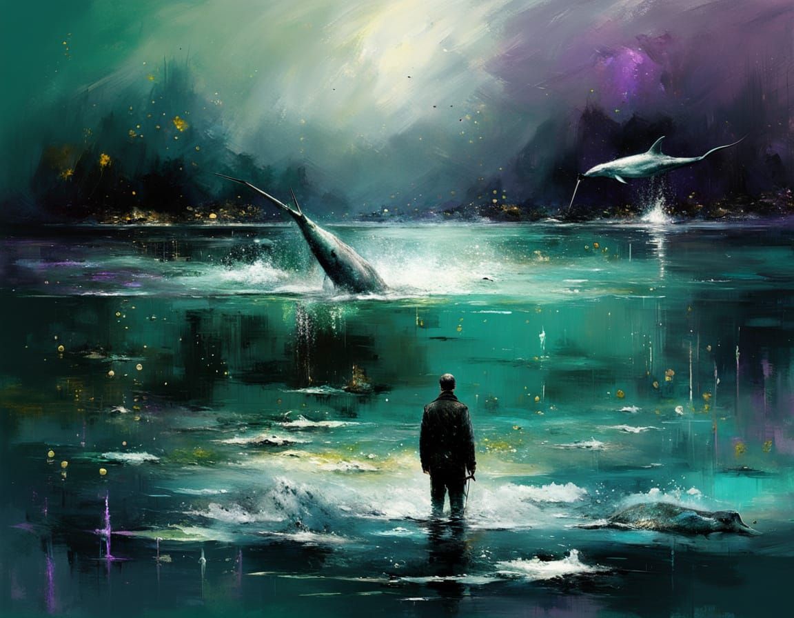 Narwhals Hunting in Dark Ocean: Impressionistic Style