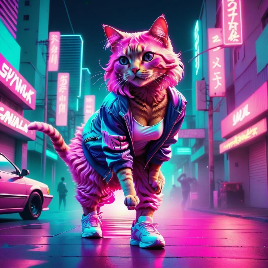 Synthwave Cat Dancer in Neon Cityscape