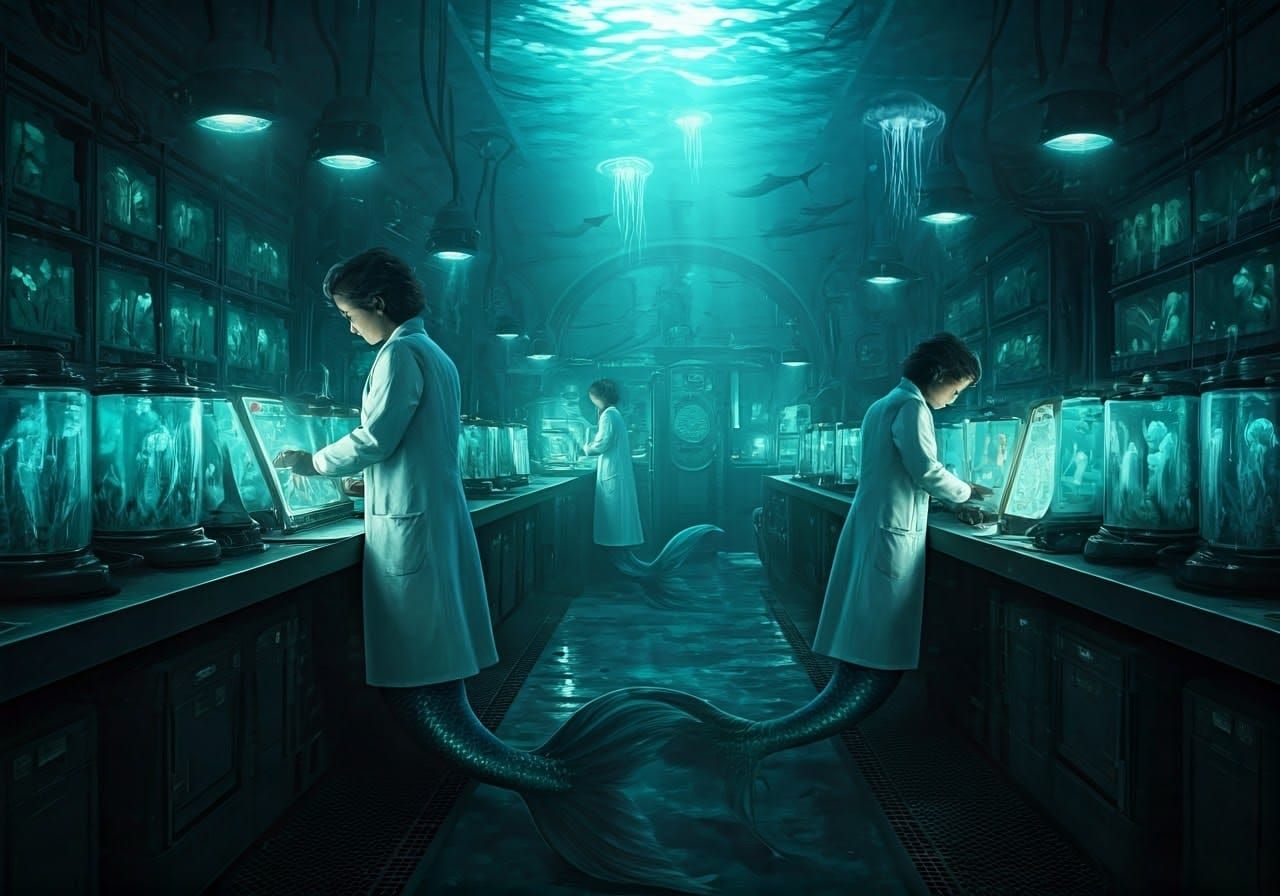 Mermaids in Underwater Laboratory, Inspired by Hyperrealism