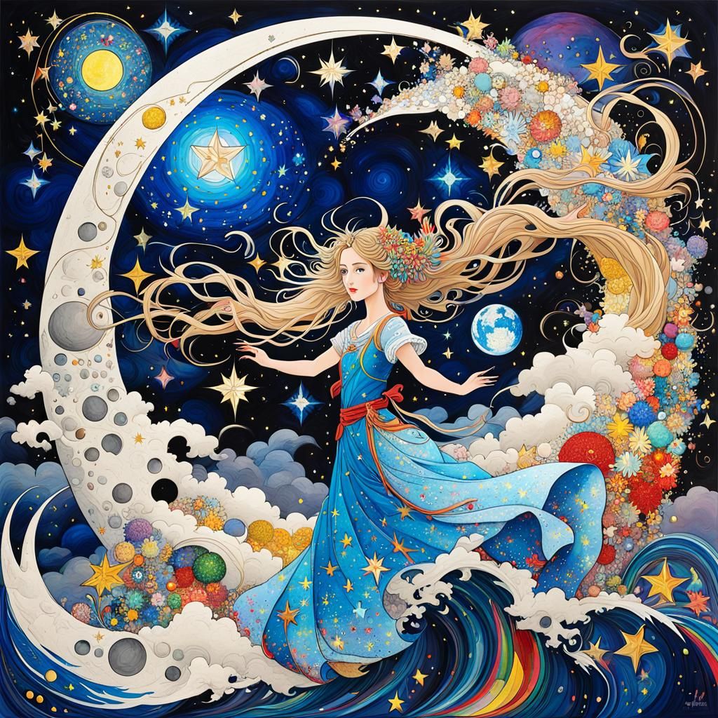 Magical Princess on Moon in Abstract Expressionism