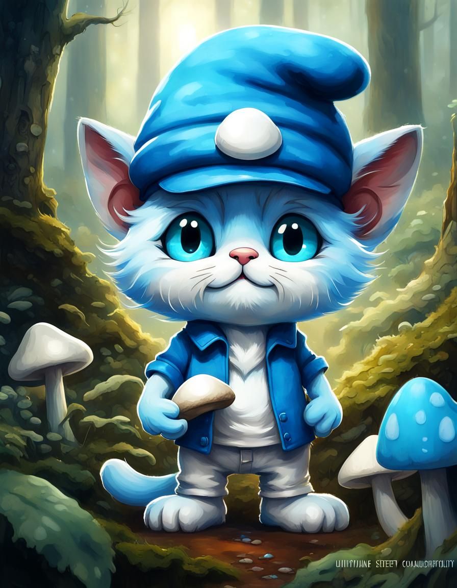 Blue Smurf Cat in Enchanted Forest, Digital Watercolor