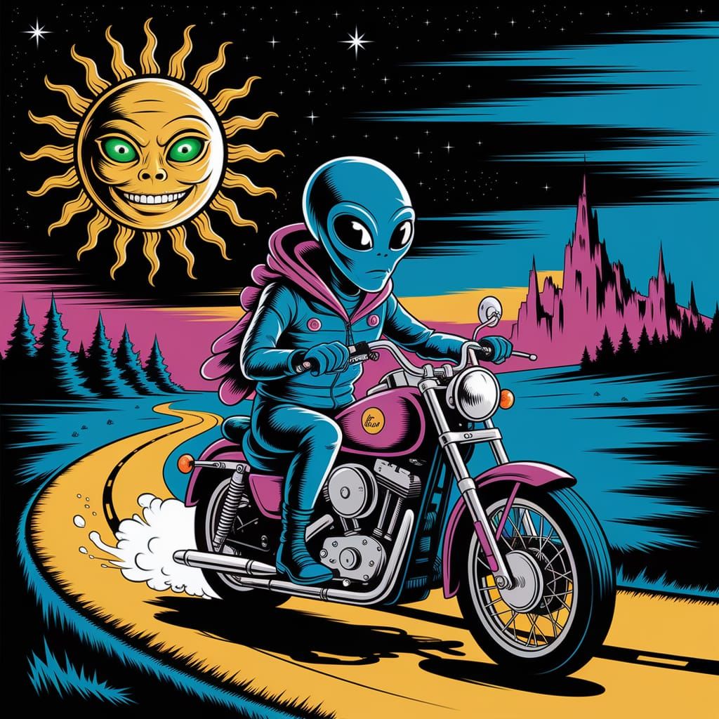 an alien riding a motorcycle on the yellow brick road.