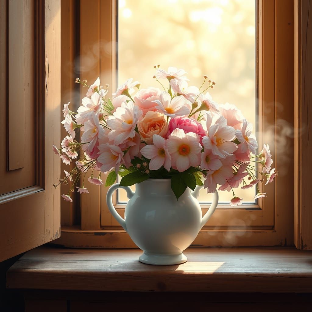 Whimsical Flowers on a Cozy Windowsill