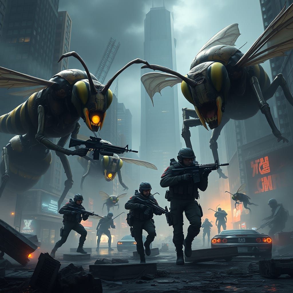 Gritty Futuristic Battle Against Mutated Wasps