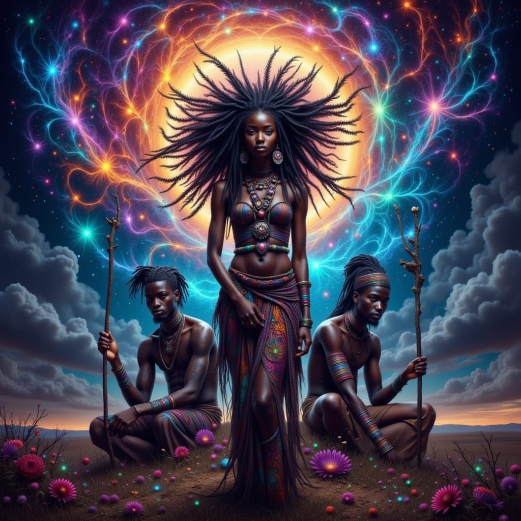 African Shaman Navigates Liminal Space with Attendants