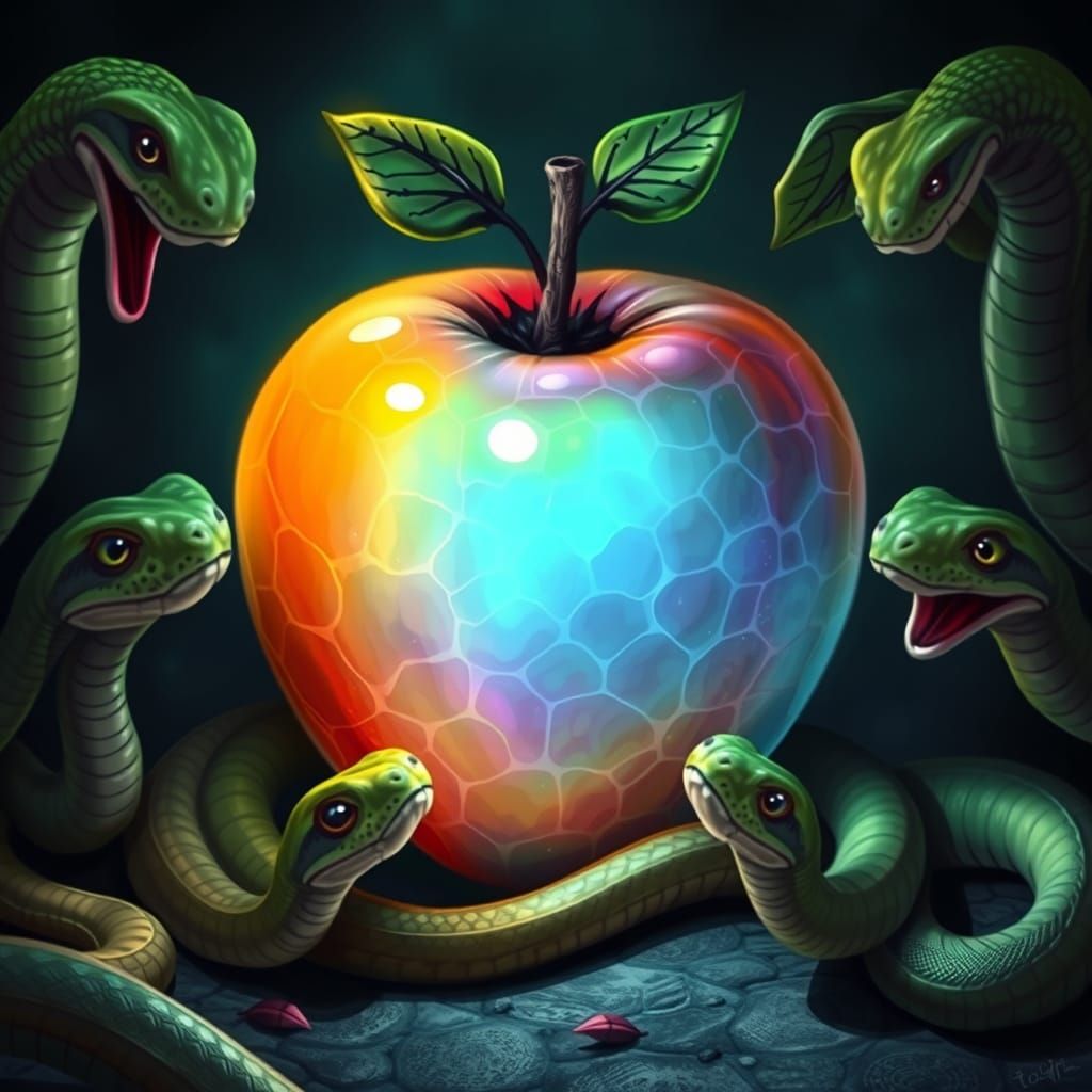 Glowing Apple Captivates Serpents in a Mesmerizing Scene
