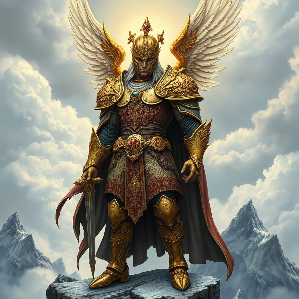 Ethereal Warrior in Celestial Armor on Cloudy Mountaintop