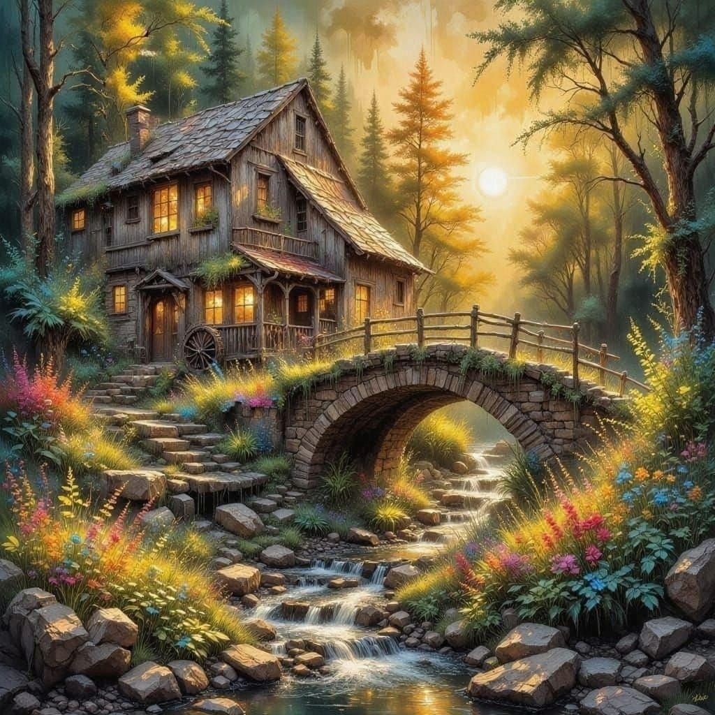 Watercolor Landscape of Old Mill House at Sunset