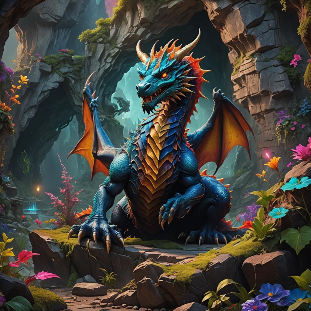 Vibrant Dragon Guarding Cave: Fantasy Art