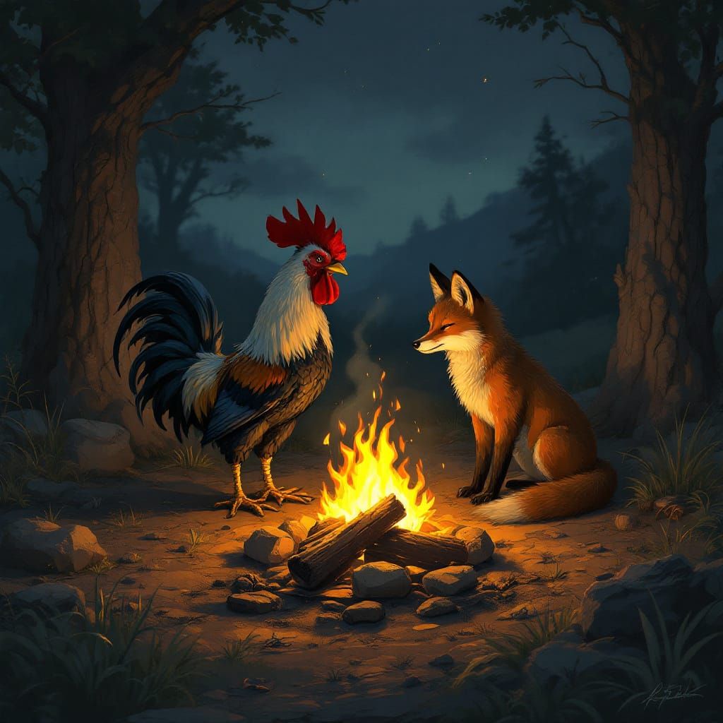 Fox and Rooster by Campfire in 1950s Documentary Style