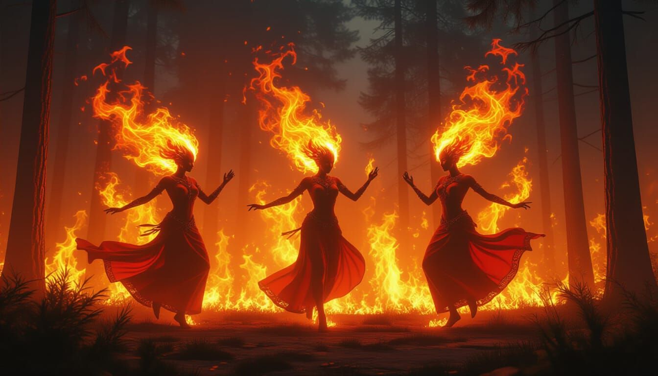 Fire Spirits Dance in Burning Forest