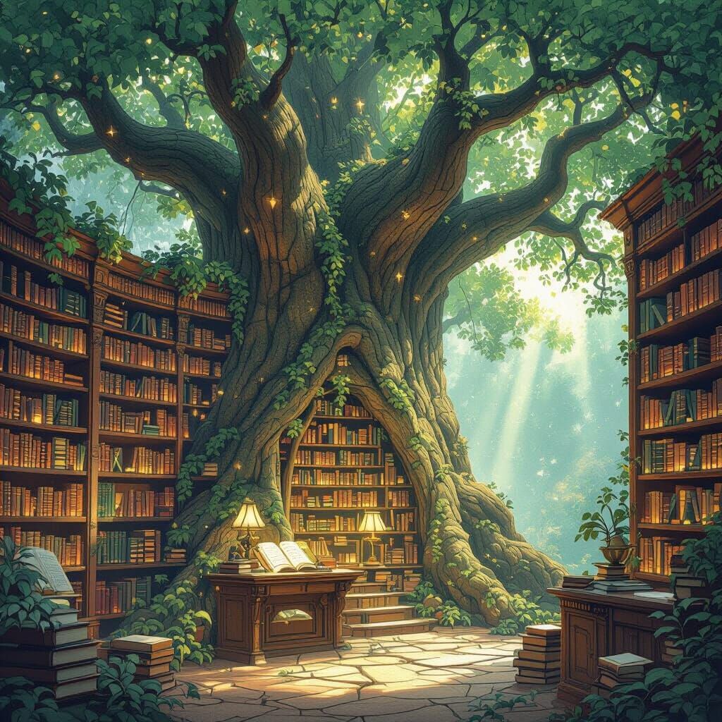 Enchanted Tree Library With Glowing Books
