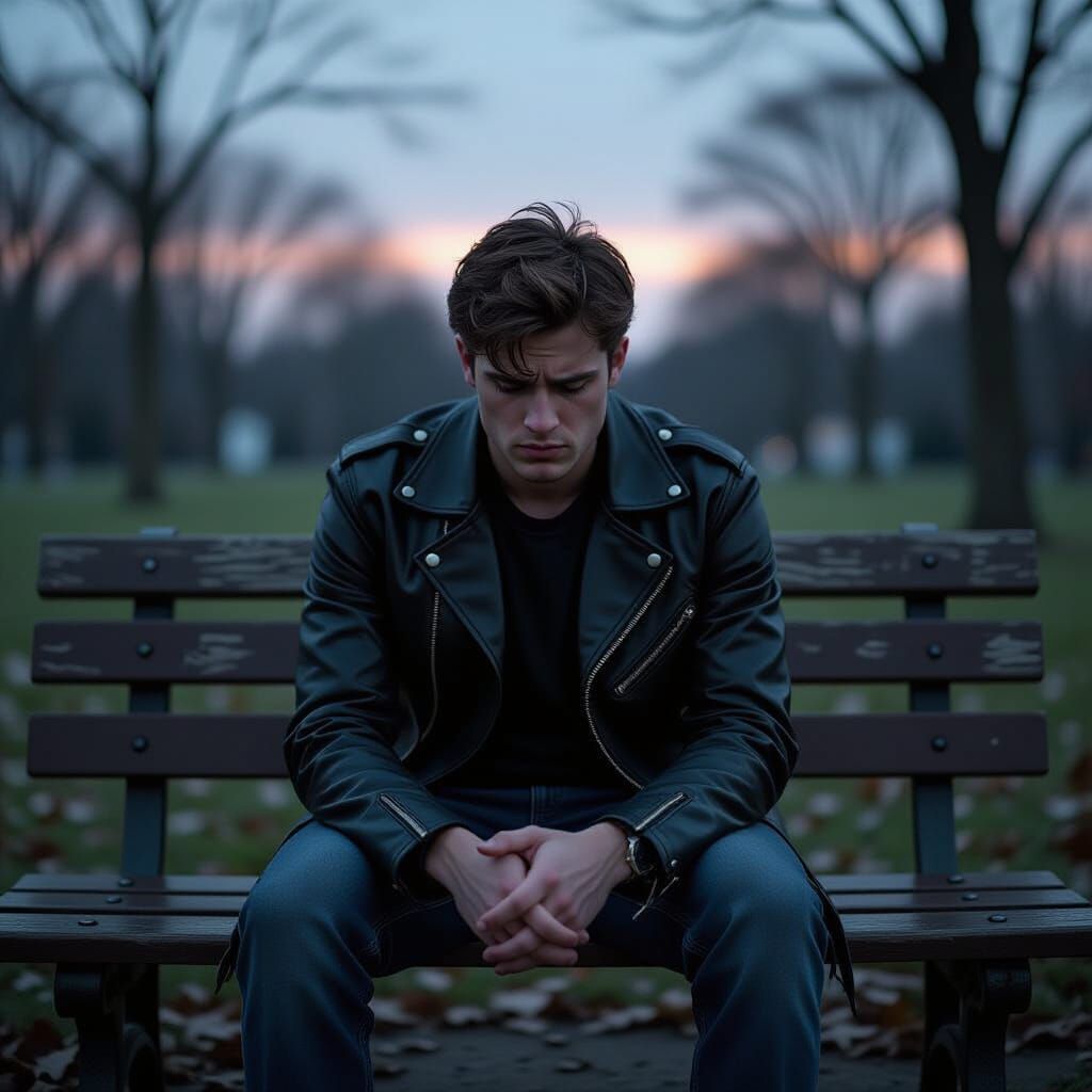 Sorrowful Man on Park Bench in Twilight