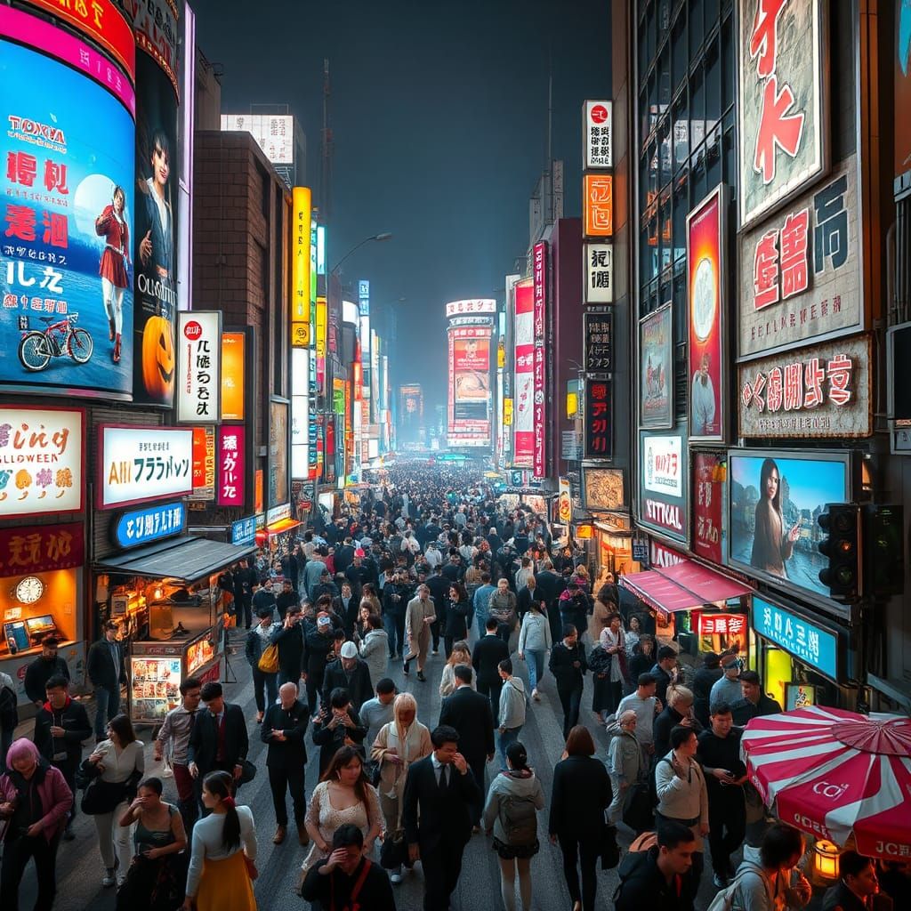 Halloween in Shibuya: Neon-lit Futuristic Cityscape