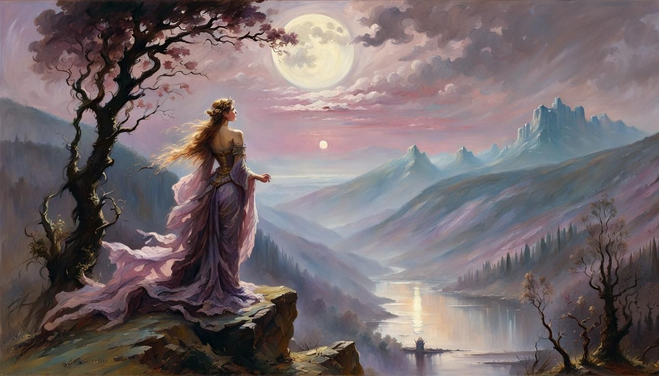 Magical Moonlit Mountainscape in Mythological Style