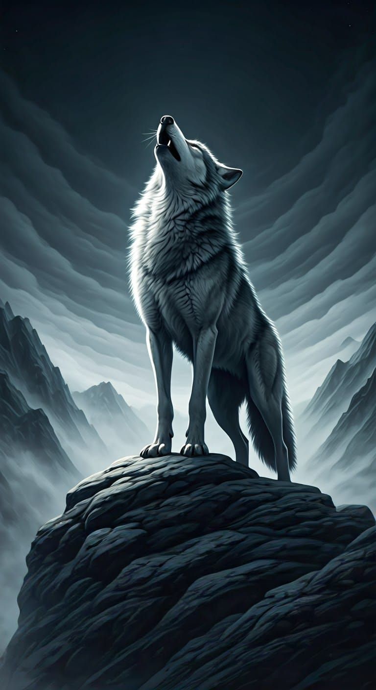 Lone Wolf Roaring on Misty Mountain Peak