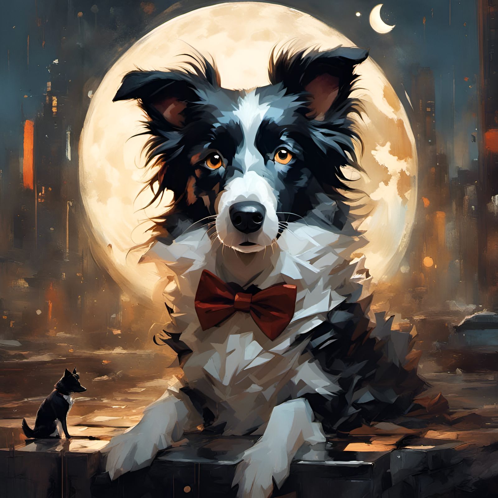 Chibi Border Collie in Tuxedo on Moonlit Night